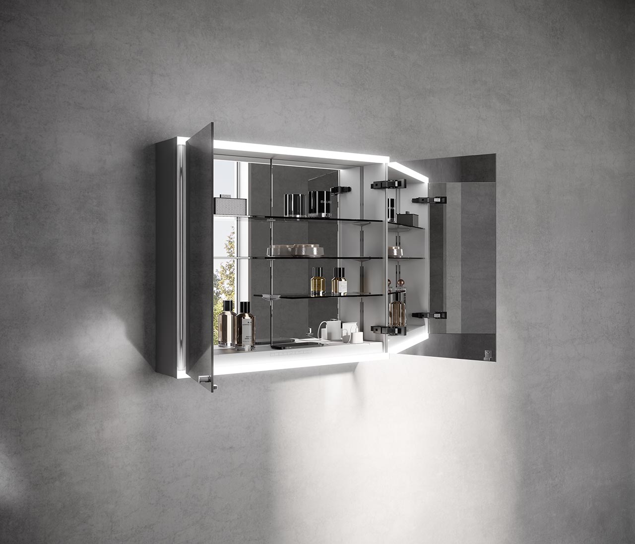 Blick auf die Innenausstattung des 2-türigen Spiegelschrank der Edition Actis 